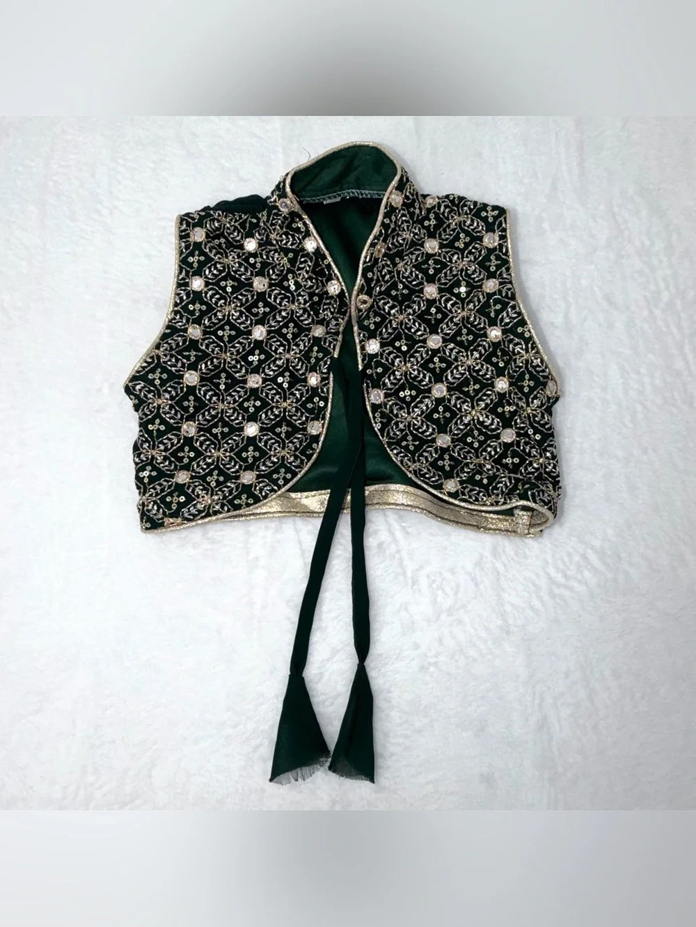 Girls Indian Choli Blouse Velvet Green Gold Embroidered Size 20 22” Chest Kids